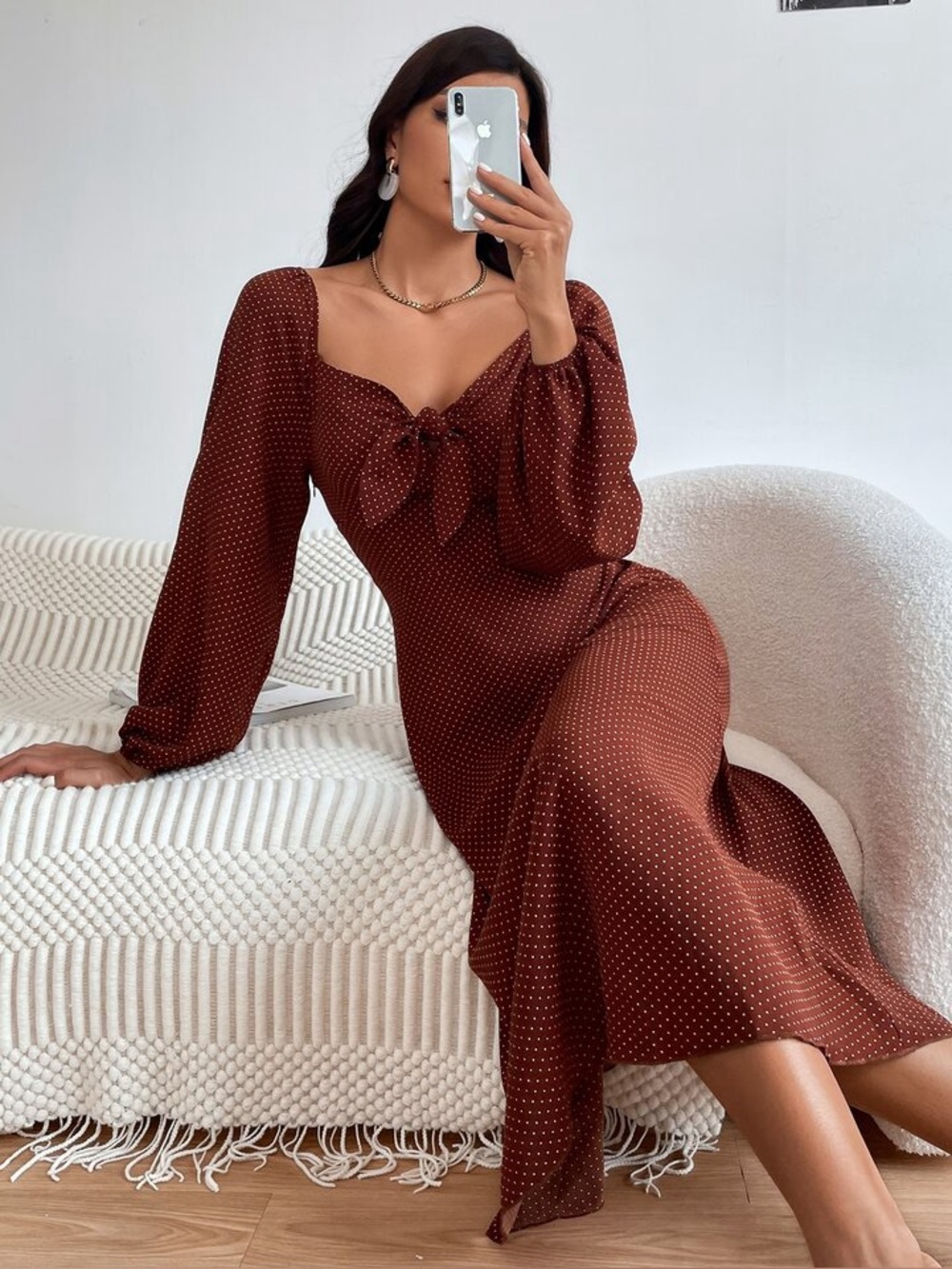 SHEIN Rust Brown Polka Dot Midi Dress